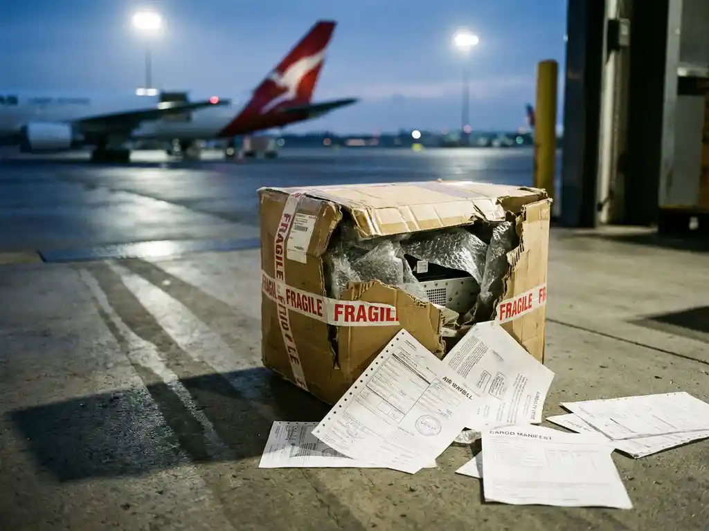 Beschadigde kartonnen verzendbox op luchtvracht laadperron met zichtbare inhoud en verspreide documenten, vliegtuig op achtergrond