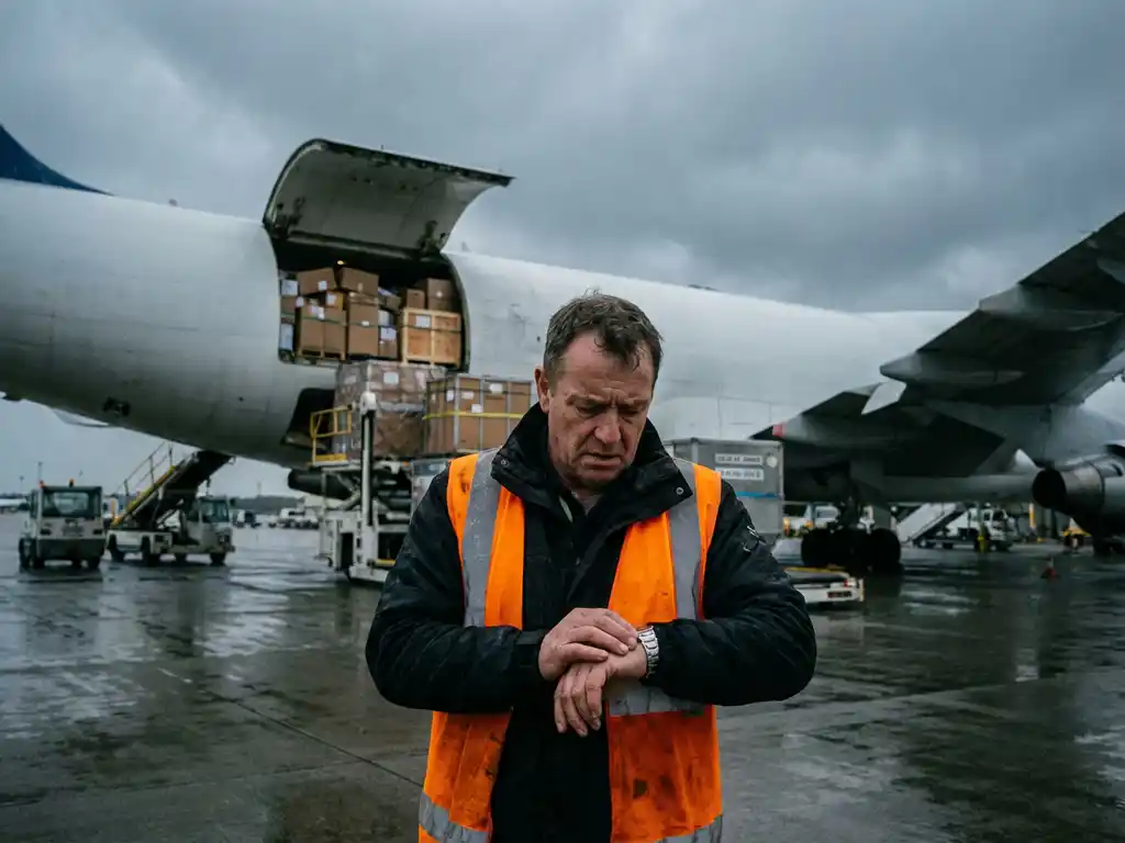 Bezorgde logistiek manager controleert tijd bij vrachttoestel met open laadruim vol vertraagde pakketten op vliegveld