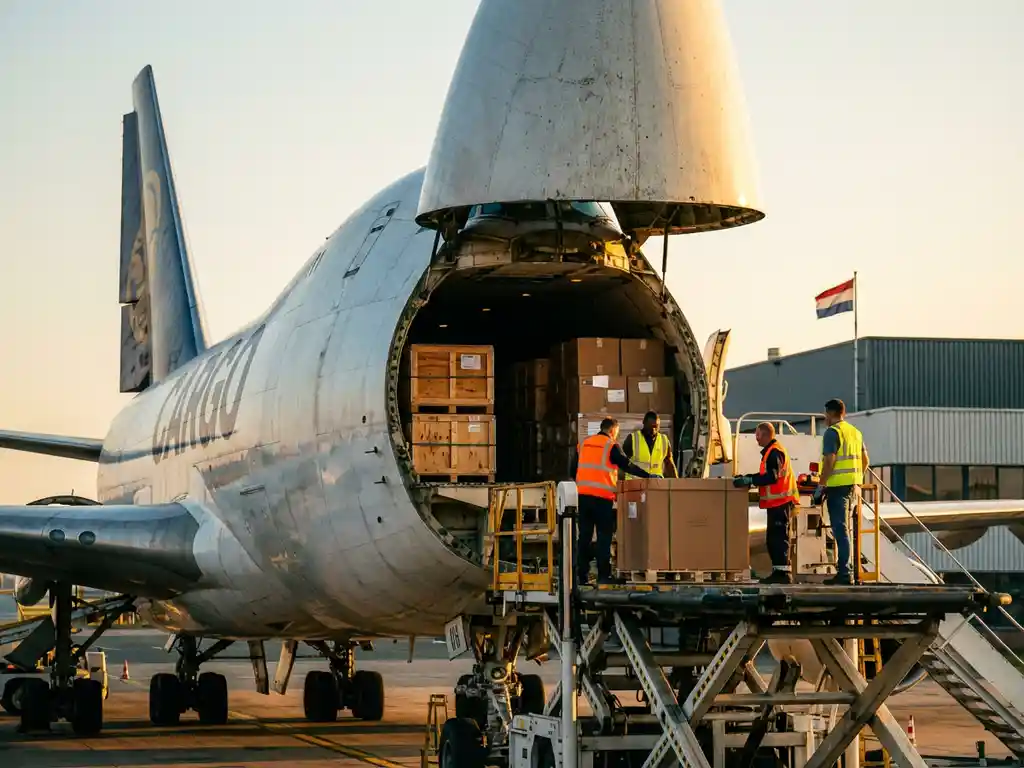 Grote vrachtvliegtuig met open neusklapdeur tijdens het uitladen van dozen door grondpersoneel op Nederlandse luchthaven