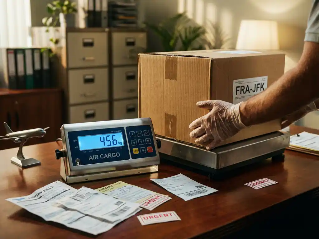 Digitale weegschaal met kartonnen doos, vliegtuigmodel en vrachtstukken op houten bureau in kantooromgeving