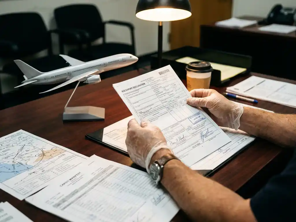 Douanebeambte controleert AES exportdocumenten op bureau met vliegtuigmodel en luchtvaartkaarten