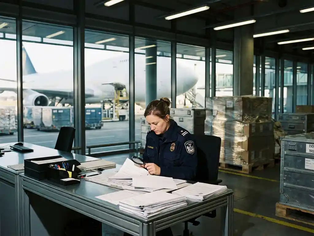 Douanebeambte in uniform controleert vrachtdocumenten op luchthaventerminal met vliegtuig op achtergrond