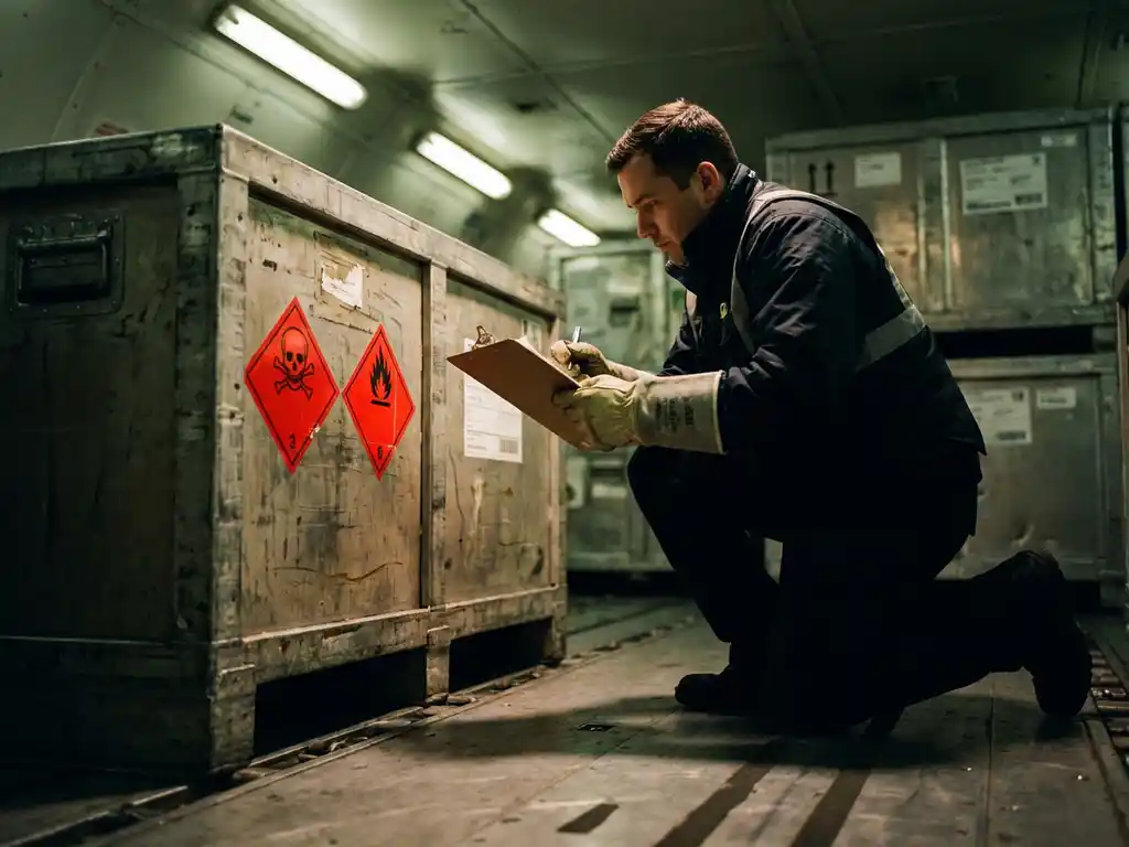 Douaneinspecteur onderzoekt gevaarlijke stoffen container met rode waarschuwingssymbolen in vliegtuig laadruim
