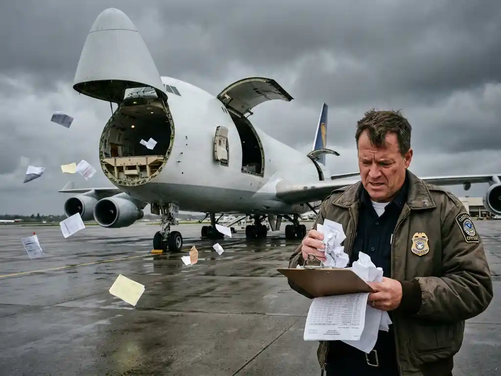 Gefrustreerde douanebeambte met klembord inspecteert documenten bij vrachttoestel met open laaddeuren op luchthaven