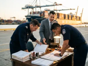 Douaneagent en expediteur bespreken vrachtdocumenten aan bureau op drukke haventerminal met containerschepen op achtergrond