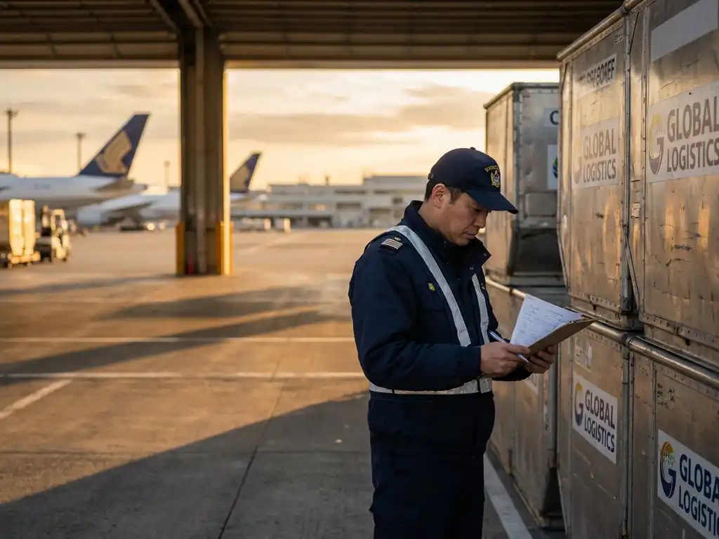 Douanebeambte controleert vrachtdocumenten bij containers op luchthaventerrein met vliegtuig op achtergrond