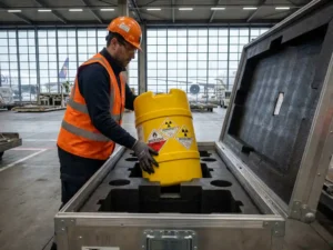 Werknemer in veiligheidsuitrusting plaatst gele gevaarlijke stoffen container in aluminium transportkist op luchthaven