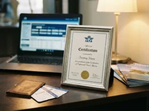 IATA-certificaat in lijst op reisagent bureau met computer, paspoort en boardingpassen op houten tafel