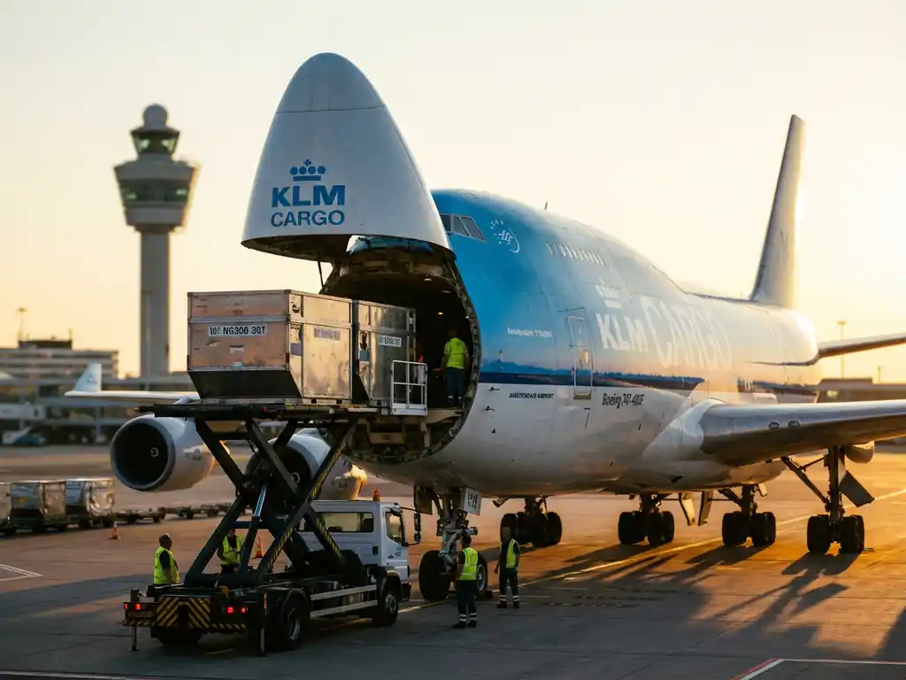 KLM vrachtvliegtuig wordt geladen met containers op Schiphol tijdens gouden uur, grondpersoneel bedient laadkraan