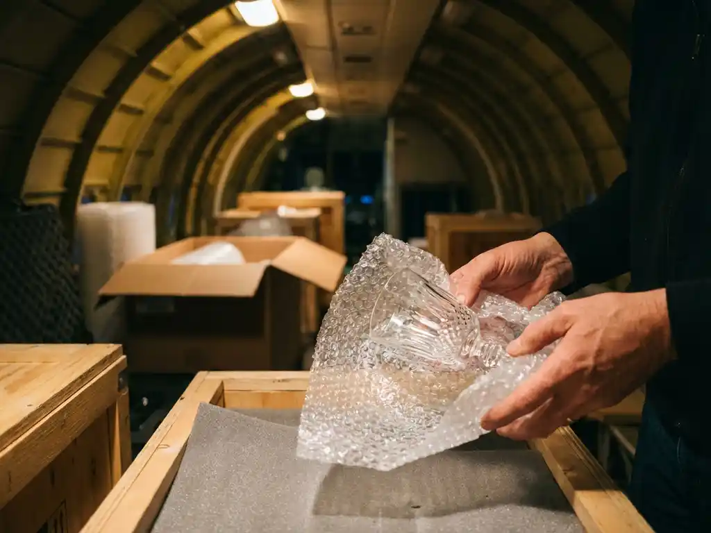 Handen die kwetsbaar kristalglas in bubbelfolie verpakken in vliegtuigvrachtruim met beschermend schuim en kratten