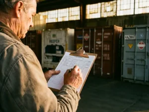 Logistiek manager controleert vrachtcontainers en manifest in drukke havenwerkplaats met gekoelde en gevaarlijke containers
