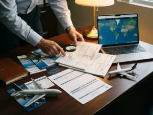 Logistiek manager bekijkt luchtvrachtdocumenten op bureau met laptop, vliegtuigmodel en verzendtariefkaarten