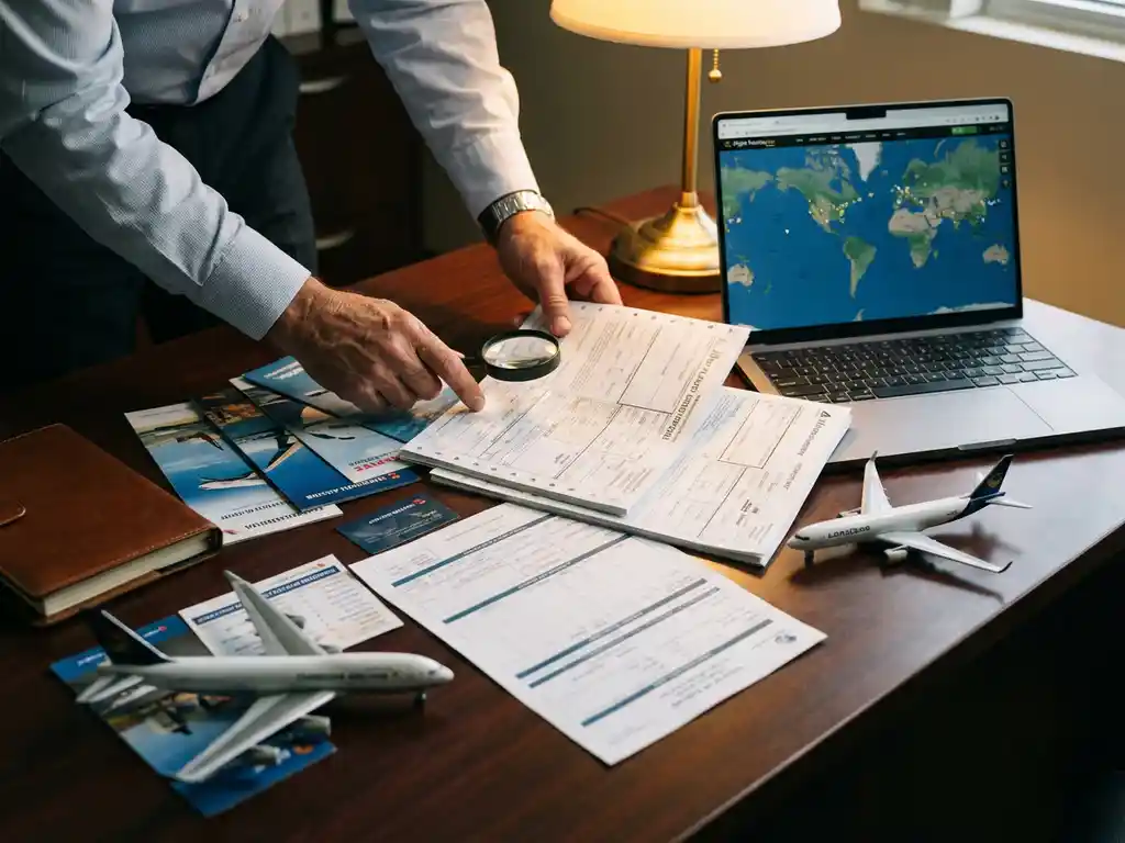Logistiek manager bekijkt luchtvrachtdocumenten op bureau met laptop, vliegtuigmodel en verzendtariefkaarten