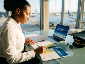 Luchtvaartcompliance officer bestudeert IATA-regelgeving documenten aan bureau met laptop, vliegveld op achtergrond