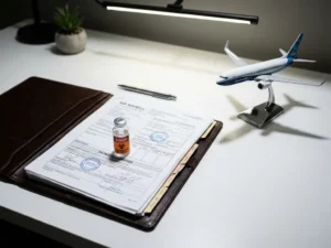 Luchtvaart verzendpapieren in leren map met gevaarlijke stoffen flesje en vliegtuigmodel op wit bureau