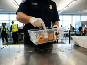 Luchtvaartinspecteur onderzoekt transparante container met chemische flesjes op beveiligingstafel luchthaven
