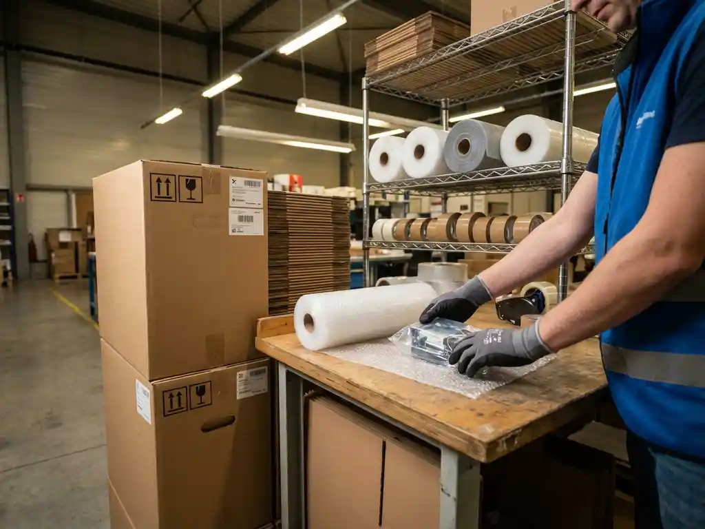 Magazijnmedewerker verpakt elektronisch apparaat in bubbeltjesplastic bij houten pakstation met dozen en materialen