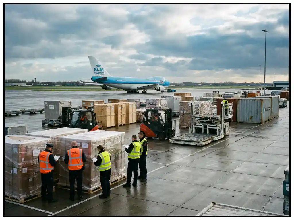 Douanebeambten inspecteren vracht op Schiphol Airport met vrachttoestel en overslagapparatuur op achtergrond
