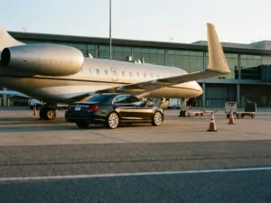 Moderne vliegtuig geparkeerd bij luchthaventerminal met luxe zwarte sedan onder vleugel op platform in gouden zonlicht