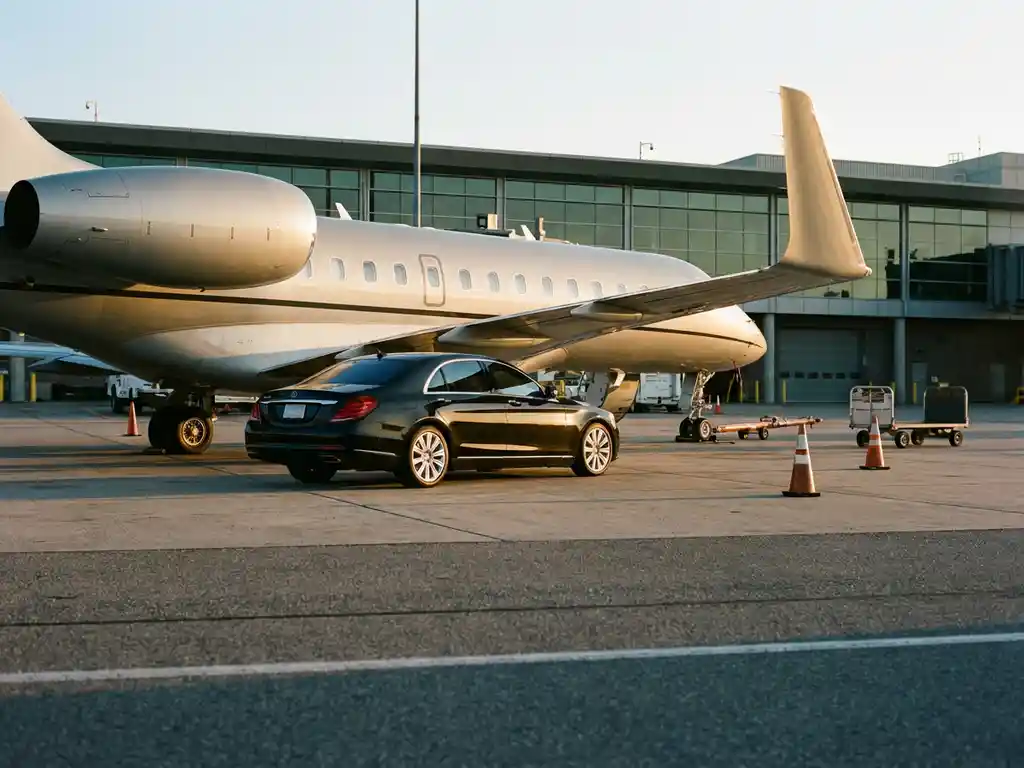 Moderne vliegtuig geparkeerd bij luchthaventerminal met luxe zwarte sedan onder vleugel op platform in gouden zonlicht