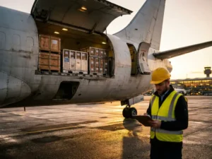 Luchtvrachtinspecteur in veiligheidsvest controleert klembord bij vrachttoestel met open laadruim vol containers
