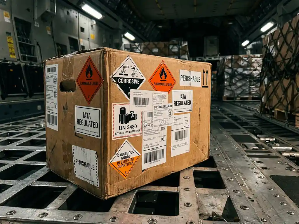 Vrachtdoos met kleurrijke luchtvaartlabels en gevaarstickers op metalen laadplatform in vliegtuigcargoruim