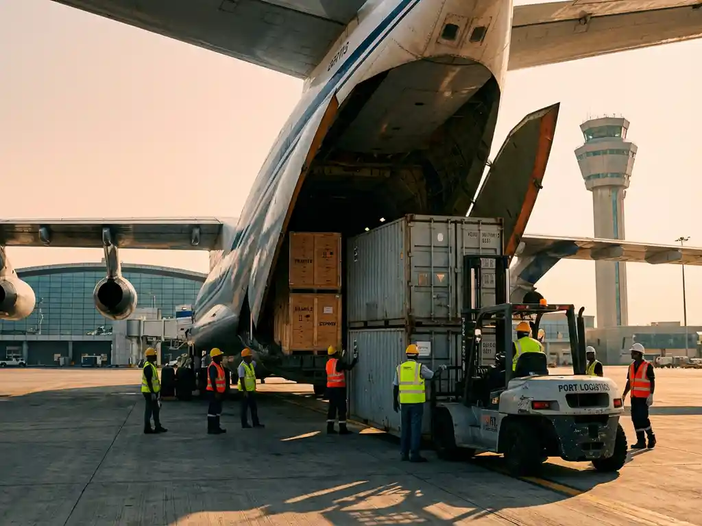 Vrachtvliegtuig wordt geladen met houten exportkisten door grondpersoneel met heftruck op luchthaven tijdens gouden uur