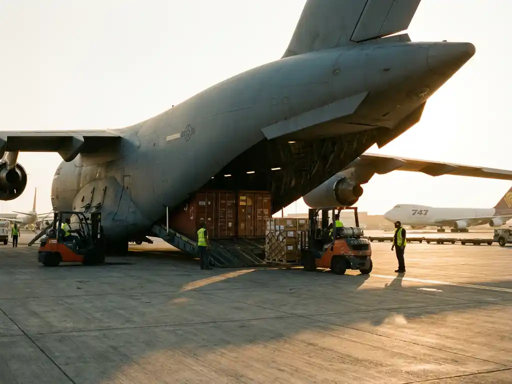 Grote vrachtvliegtuig met open laaddeuren toont containers en vracht op luchthaventerrein tijdens gouden uur