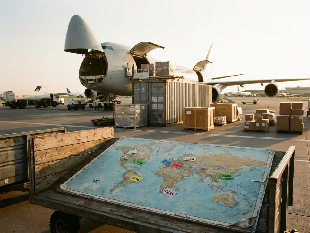 Vrachttoestel op luchthaven met wereldkaart met prijslabels, containers en grondpersoneel bij zonsondergang