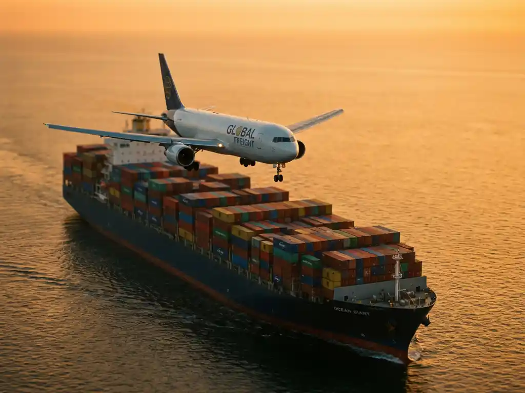 Vrachtvliegtuig vliegt boven containerschip op kalme oceaan, gouden uur verlichting, luchtfoto transportlogistiek
