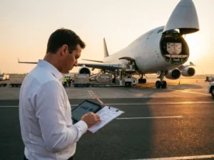 Professionele vrachtvervoerder met tablet controleert documenten bij vrachttoestel op luchthaven tijdens gouden uur