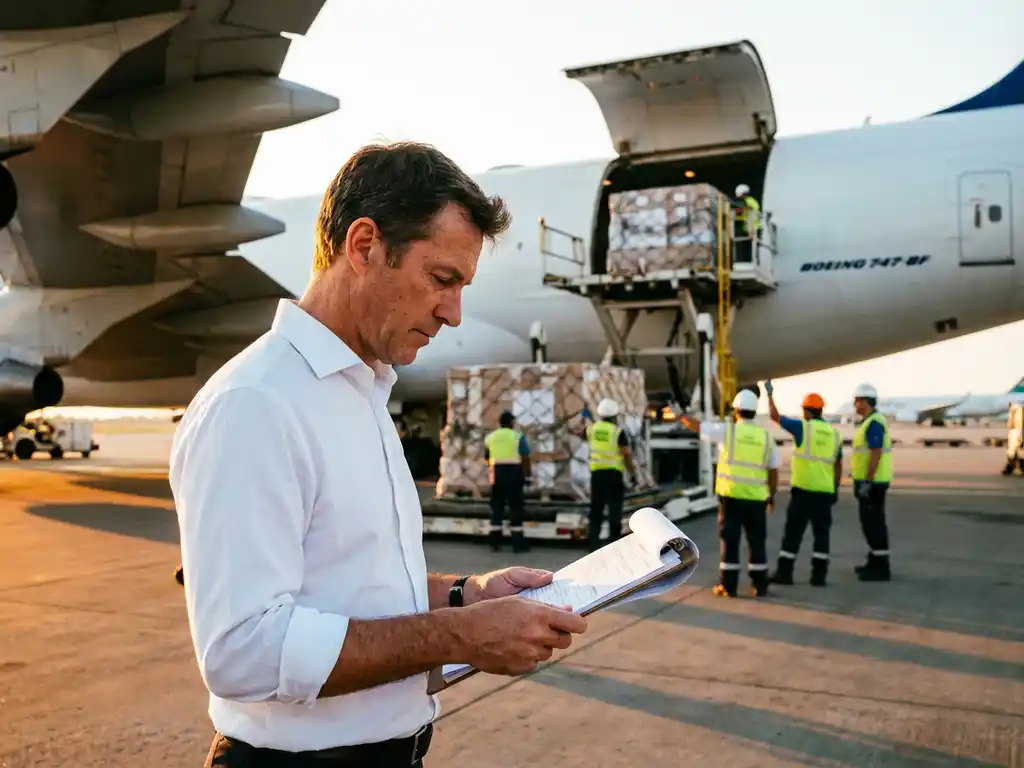 Vrachtverzender controleert documenten naast commercieel vliegtuig terwijl vrachtcontainers worden geladen op luchthaven