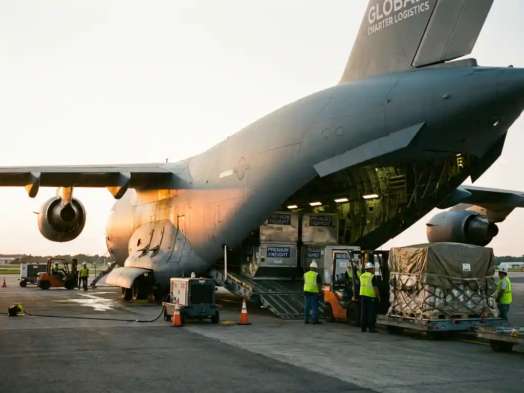 Grote vrachtvliegtuig met open laaddeur, grondpersoneel laadt containers op vliegveldplatform tijdens gouden uur