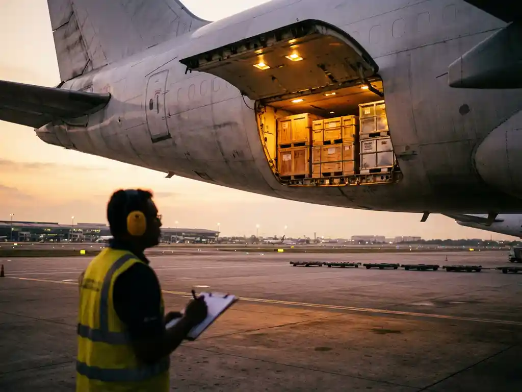 Vrachtvliegtuig met open laadruim vol gestapelde dozen, grondpersoneel controleert documenten op luchthaven bij zonsondergang