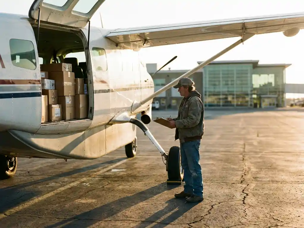 Kleine vrachtvliegtuig op luchthaven tarmac met open laaddeur en ondernemer die verzendpapieren controleert