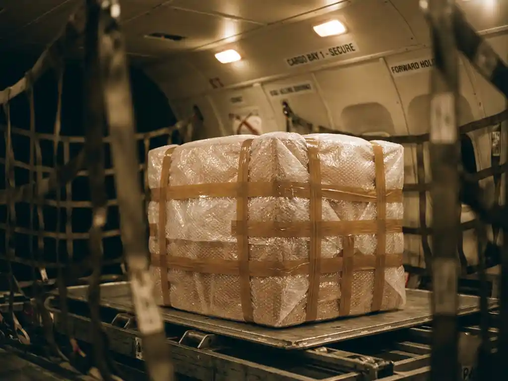 Kartonnen verzendpakket in bubbeltjesplastic in vliegtuigvrachtruim met industriële tape en beveiliging