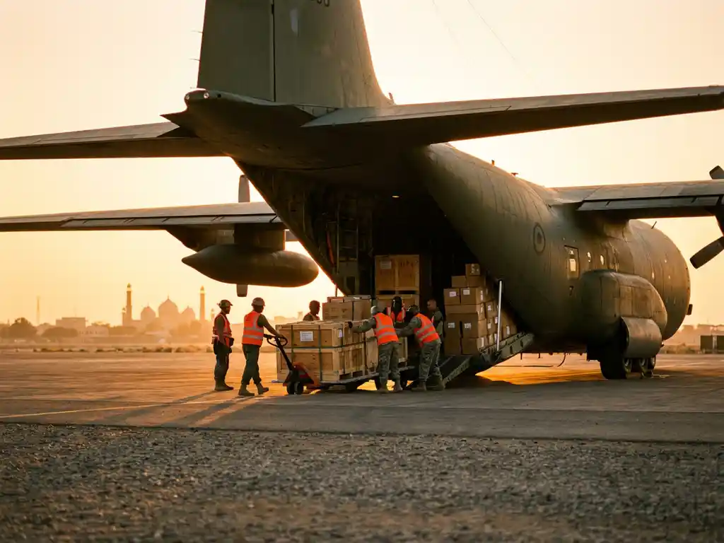 Grote vrachtvliegtuig met open laaddeuren, grondpersoneel laadt kisten in bij zonsondergang op luchthaven