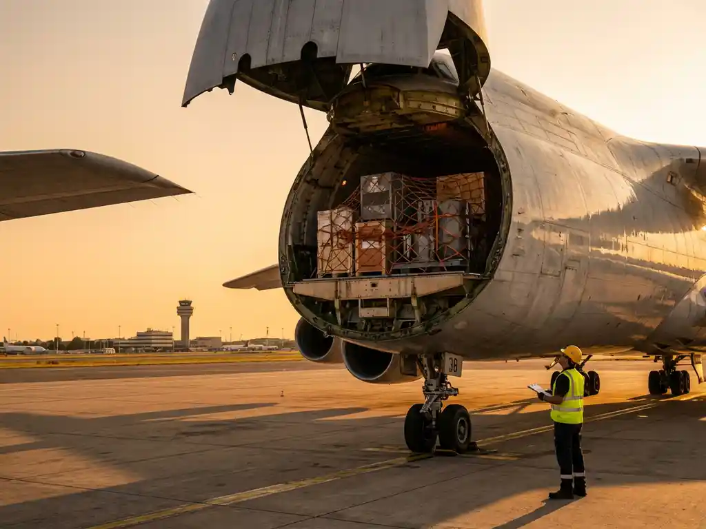 Vrachtvliegtuig met open laaddeuren toont industriële machines, logistiek medewerker controleert lading op luchthaven