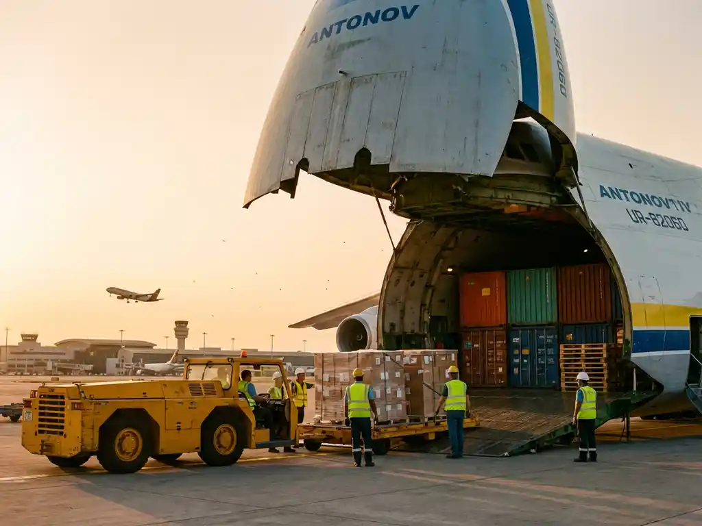 Vrachtliegtuig met open neus toont laadruim vol containers, grondpersoneel laadt dozen op drukke luchthaven bij zonsondergang