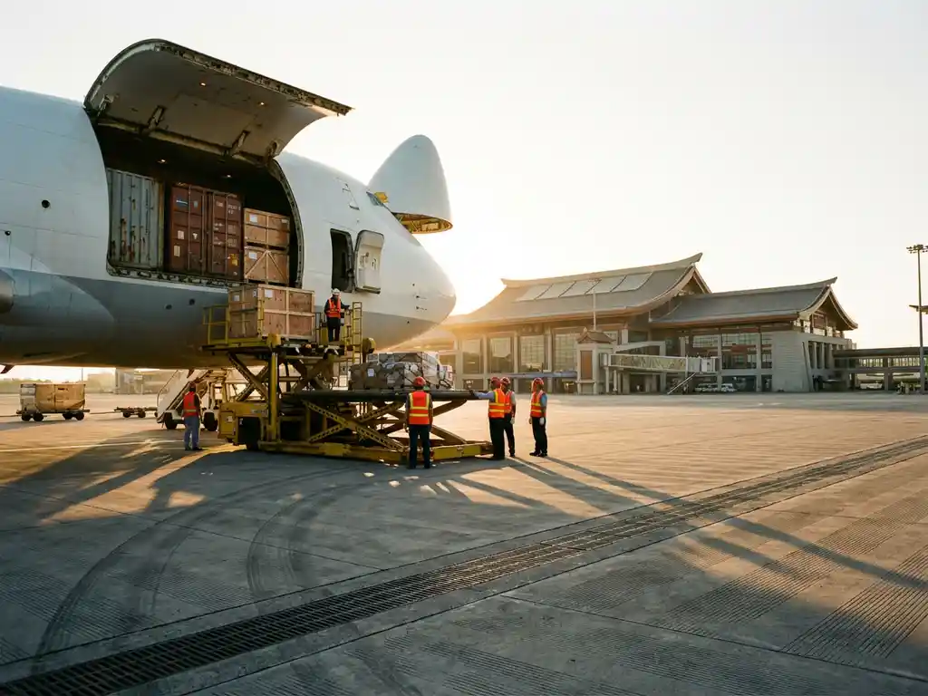 Grote vrachtvliegtuig met open laadruim vol containers, grondpersoneel laadt pakketten met hefplatform op luchthaven