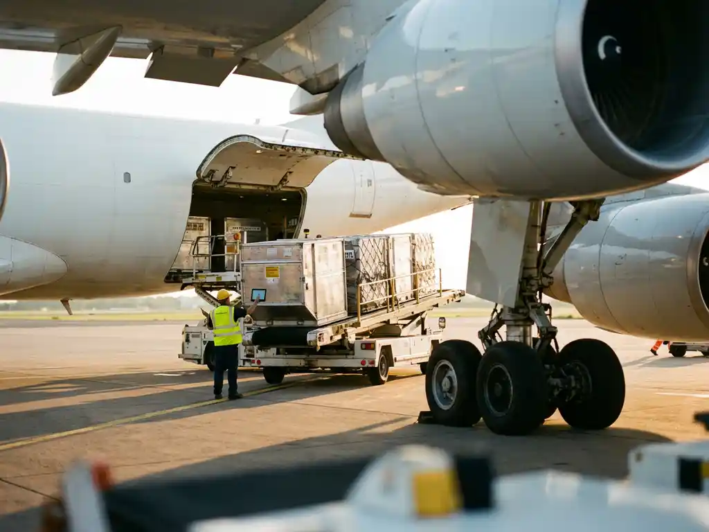 Vrachtvliegtuig wordt geladen met containers door grondpersoneel in reflecterend vest op luchthaven tijdens gouden uur