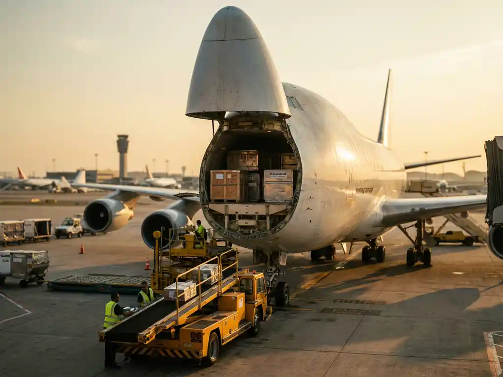 Grote vrachtvliegtuig met open neus laadruim vol houten kisten, gele grondvoertuig laadt pakketten op luchthaventerrein
