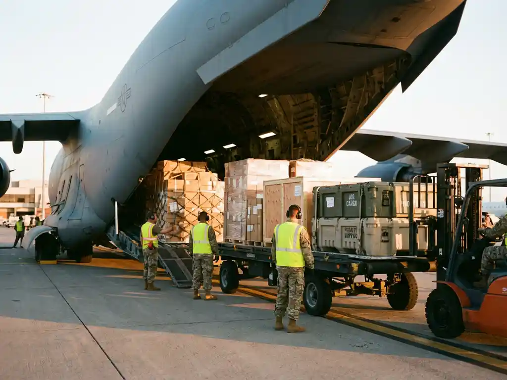Grote vrachtvliegtuig met open laadruim waar pallets met pakketten worden geladen door grondpersoneel op luchthaven