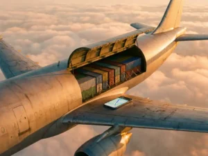 Vrachtvliegtuig in vlucht met open laadruim vol containers, smartphone op vleugel toont tracking-interface