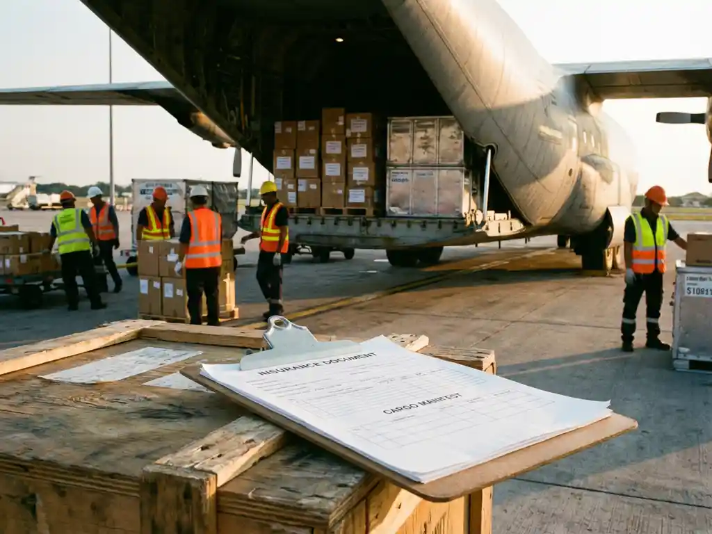 Vrachtvliegtuig met open laadruim vol dozen en containers, verzekeringsdocument op krat, grondpersoneel op luchthaven