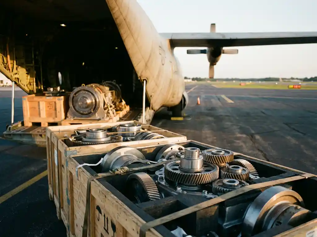 Vrachtvliegtuig met open laadruim vol metalen machinedelen in houten kratten op vliegveldtarmac tijdens gouden uur