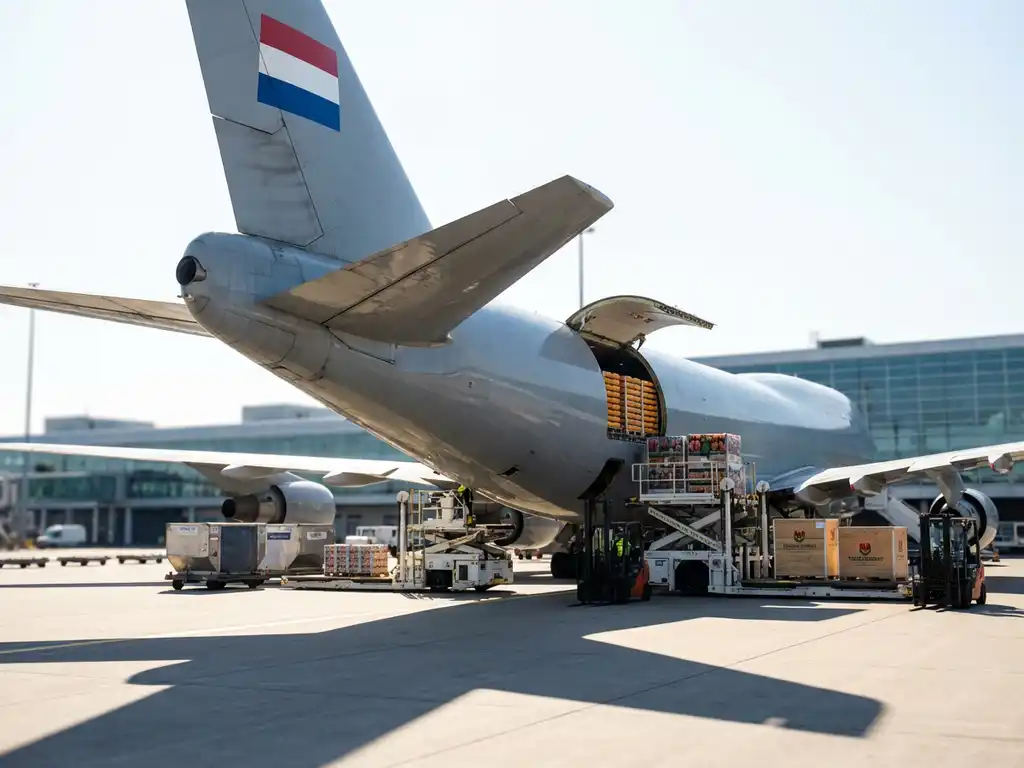 Grote Nederlandse vrachtvliegtuig met open laadruim vol georganiseerde exportgoederen en houten kisten op luchthaven