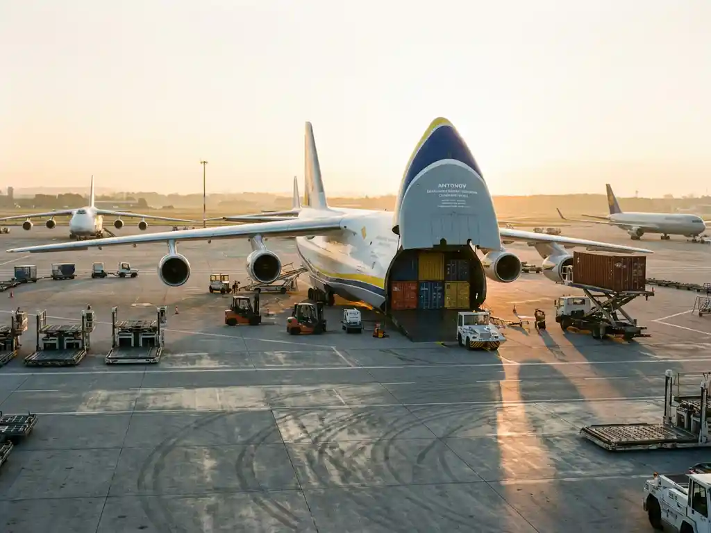 Grote vrachtvliegtuig met open laadruim vol containers op Europese luchthaven, grondpersoneel en laadapparatuur eromheen