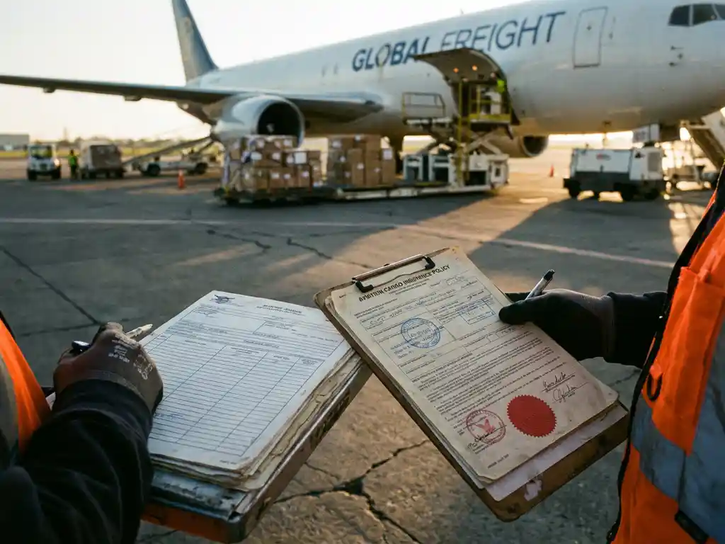 Verzekeringsdocument op klembord met stempels, logistiek medewerker in hesje controleert papieren bij vrachtvliegtuig