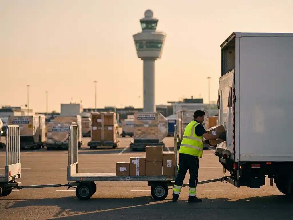 Vrachtverwerkingsmedewerker laadt pakketten van luchtvrachttrolley in witte bestelwagen op Schiphol Airport